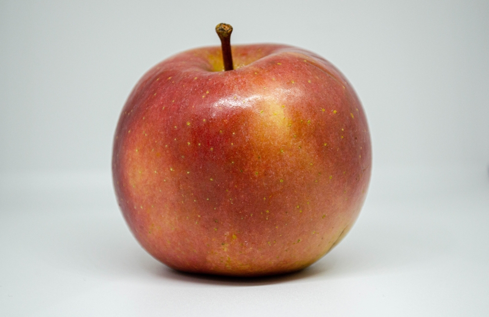 This is what a fuji apple looks like - red coloration over yellow-green background, slightly dull appearance.