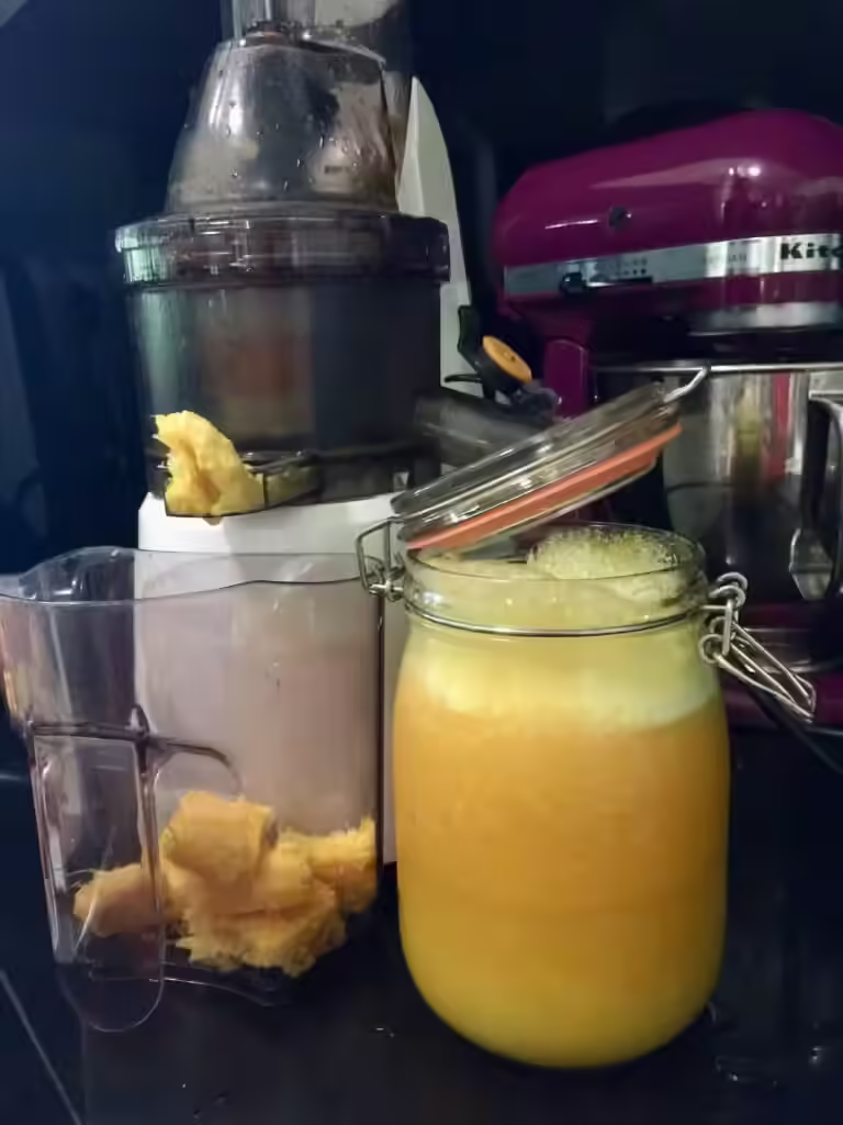 Cold press juicer with orange pulp and juice.jpeg
